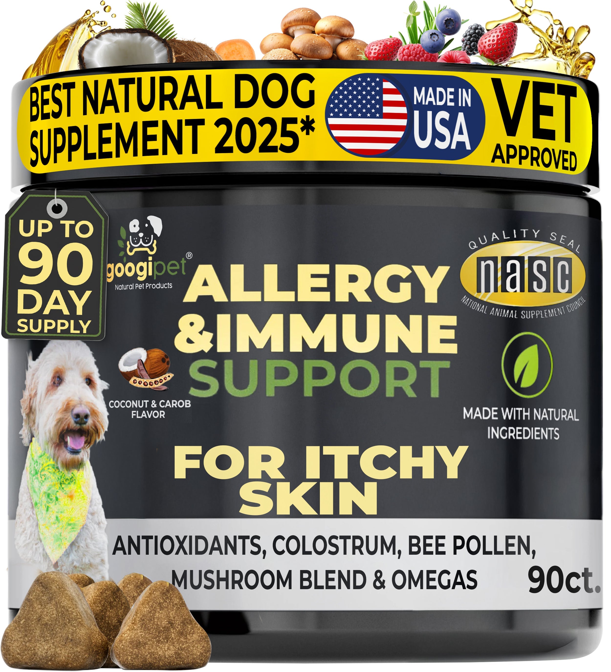 Dog allergy and immune support chew supplement jar, coconut and carob flavor