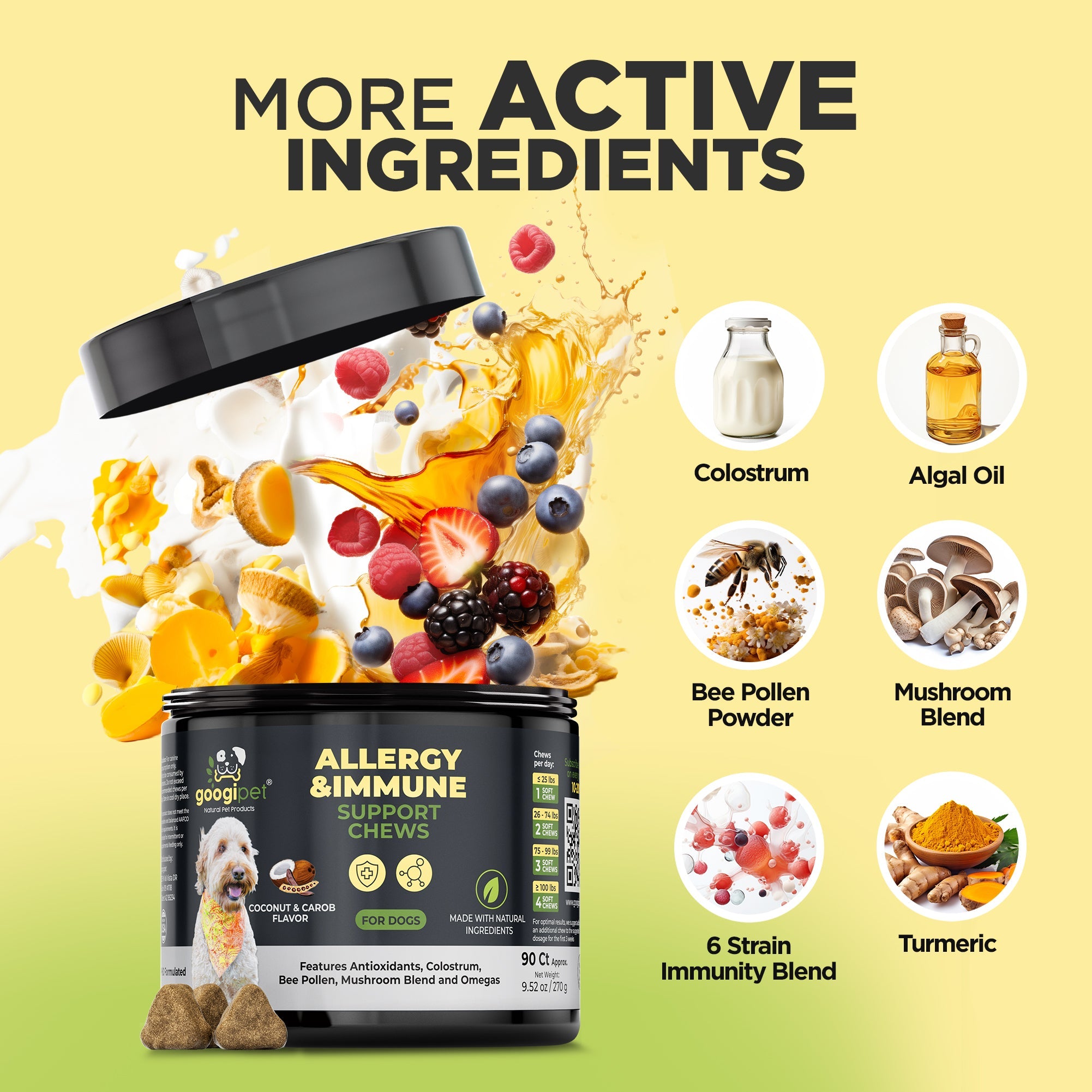 Allergy and immune support chew jar with shown active ingredients like colostrum