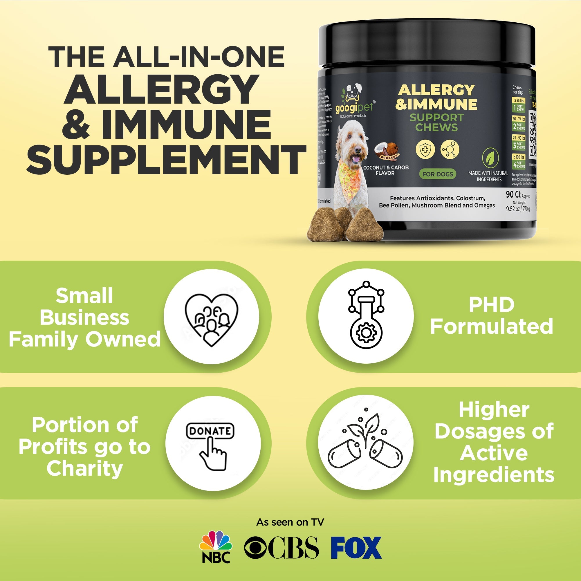 Allergy and immune support chew jar with small business and higher dose icons