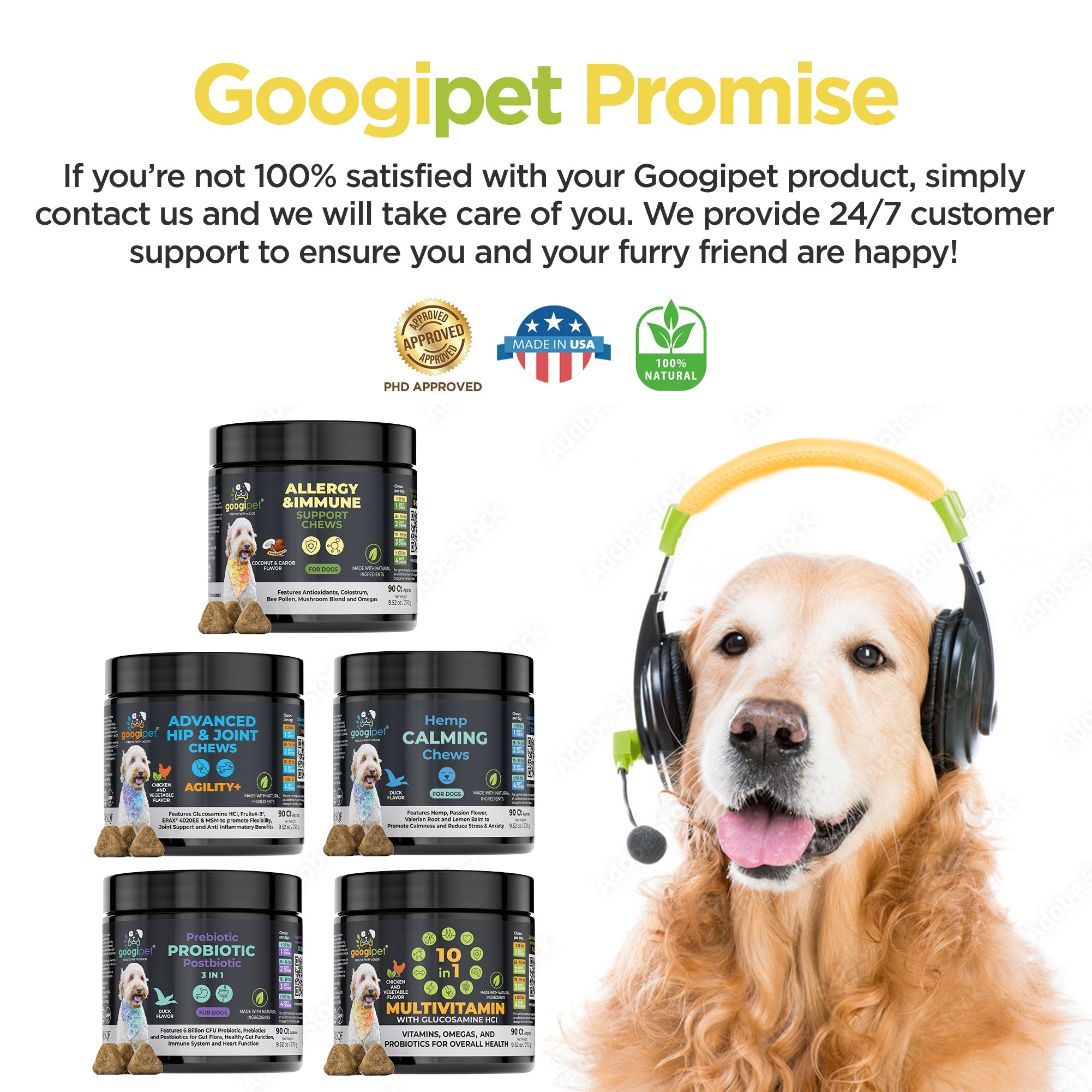 Assorted dog supplement chew jars with a dog wearing over-ear headphones