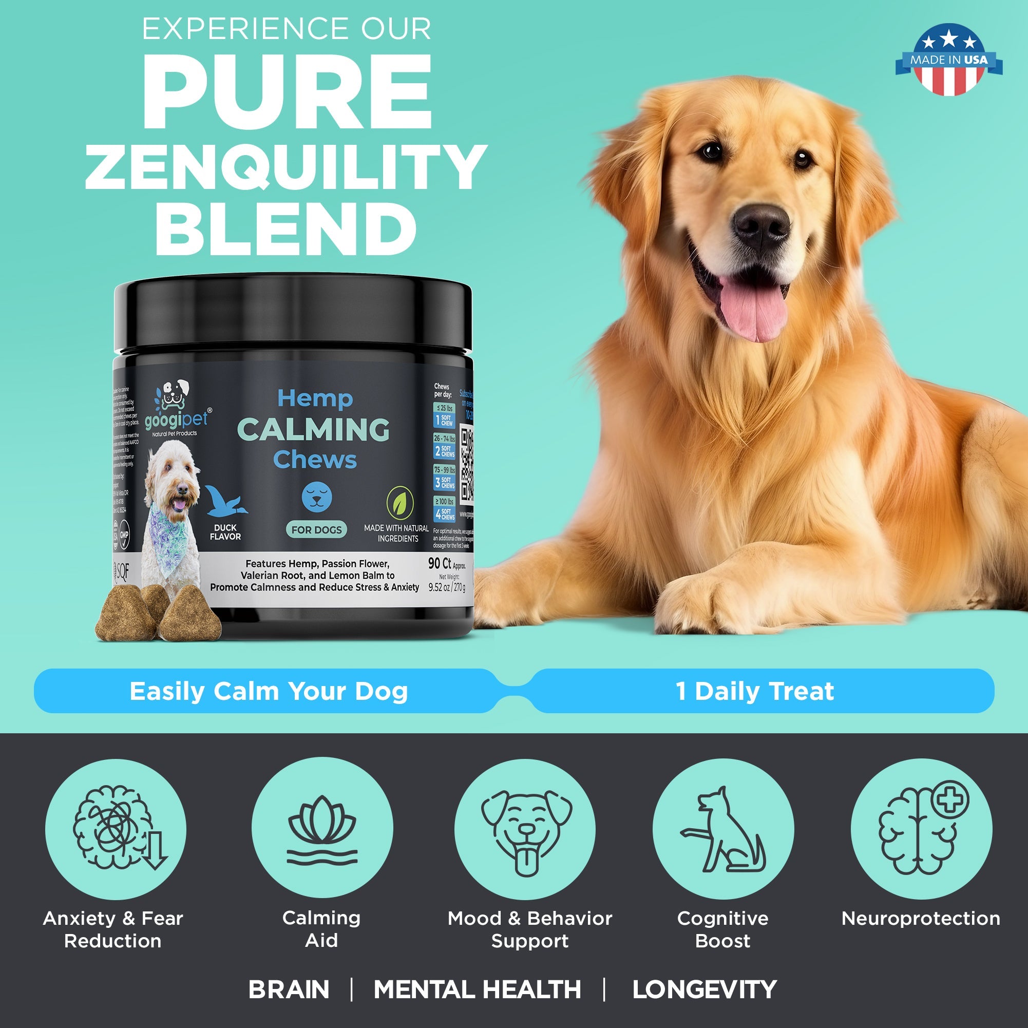 Hemp calming chews jar with Pure Zenguility blend label