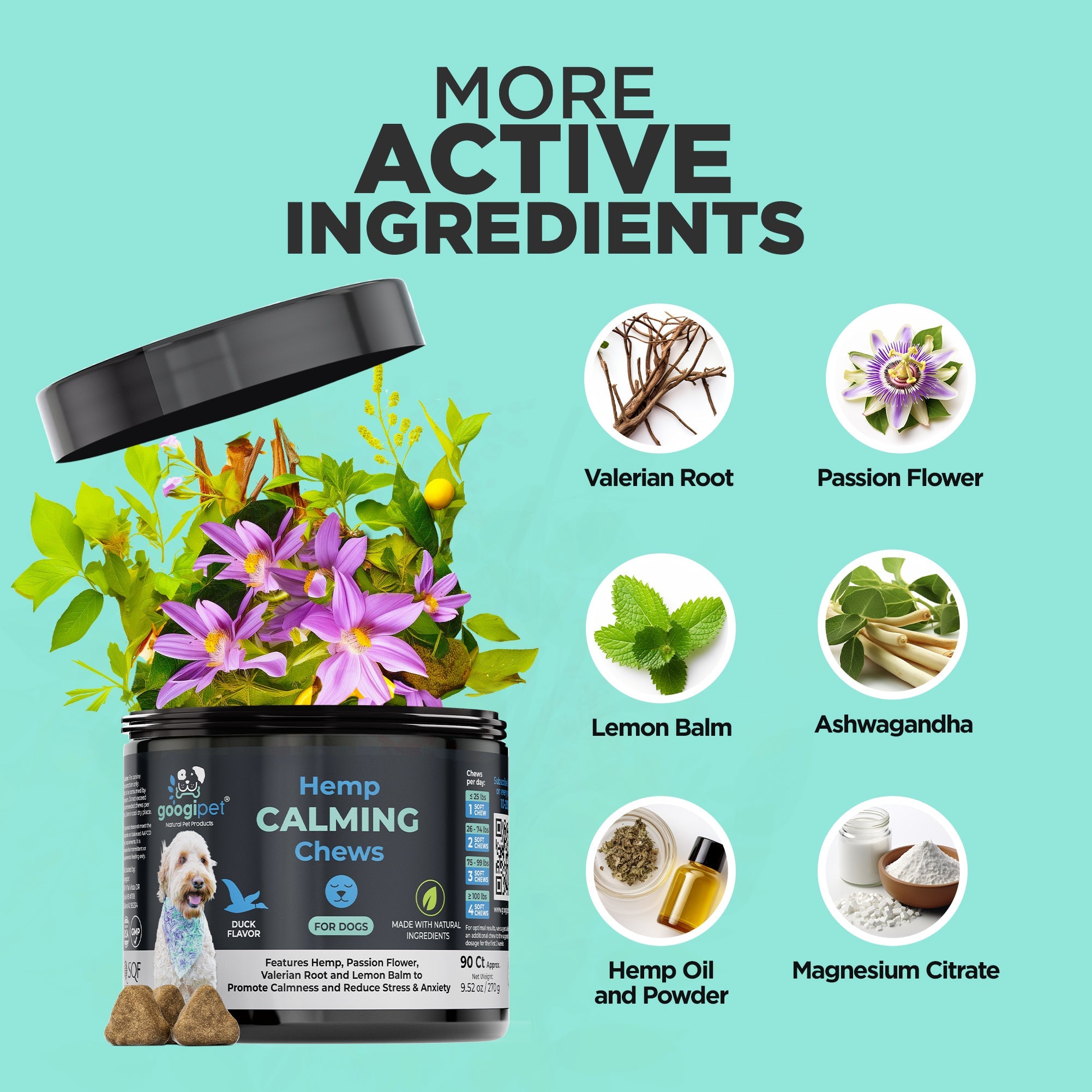 Hemp calming chews jar highlighting active ingredients like valerian and ashwagandha