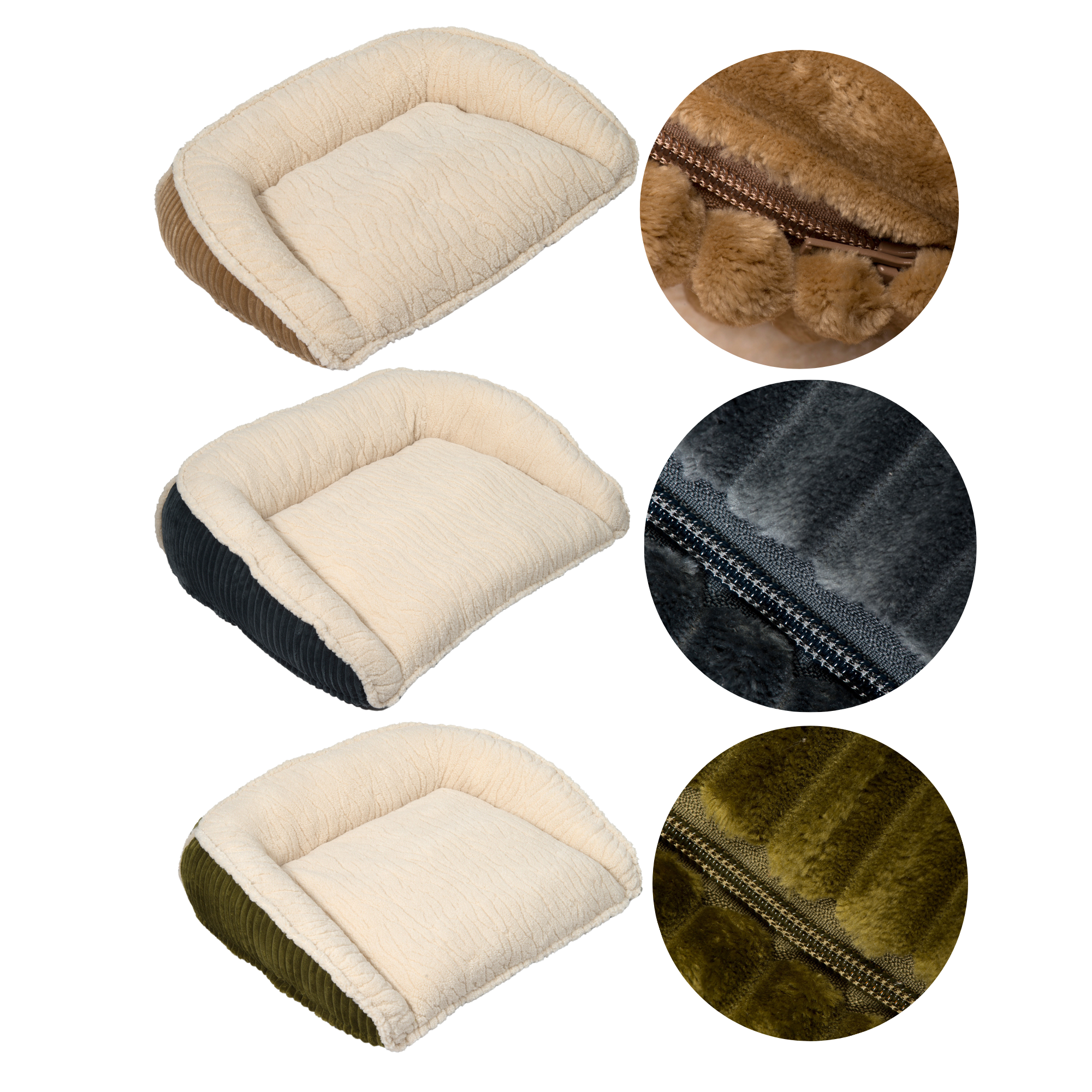 Khaki bolster dog bed with plush cover and visible zipper edge detail