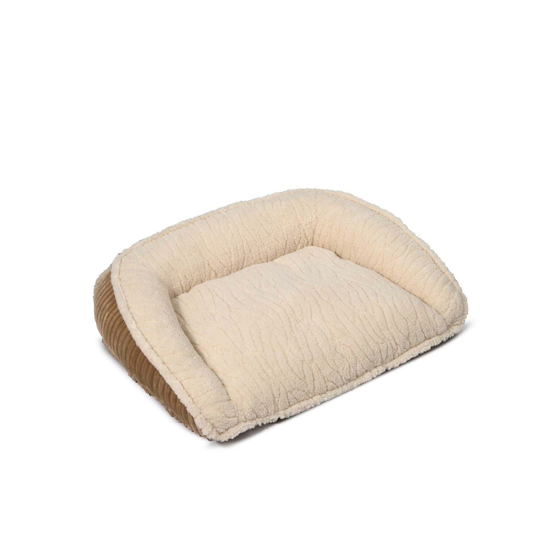 Khaki bolster dog bed with raised padded bolster sides
