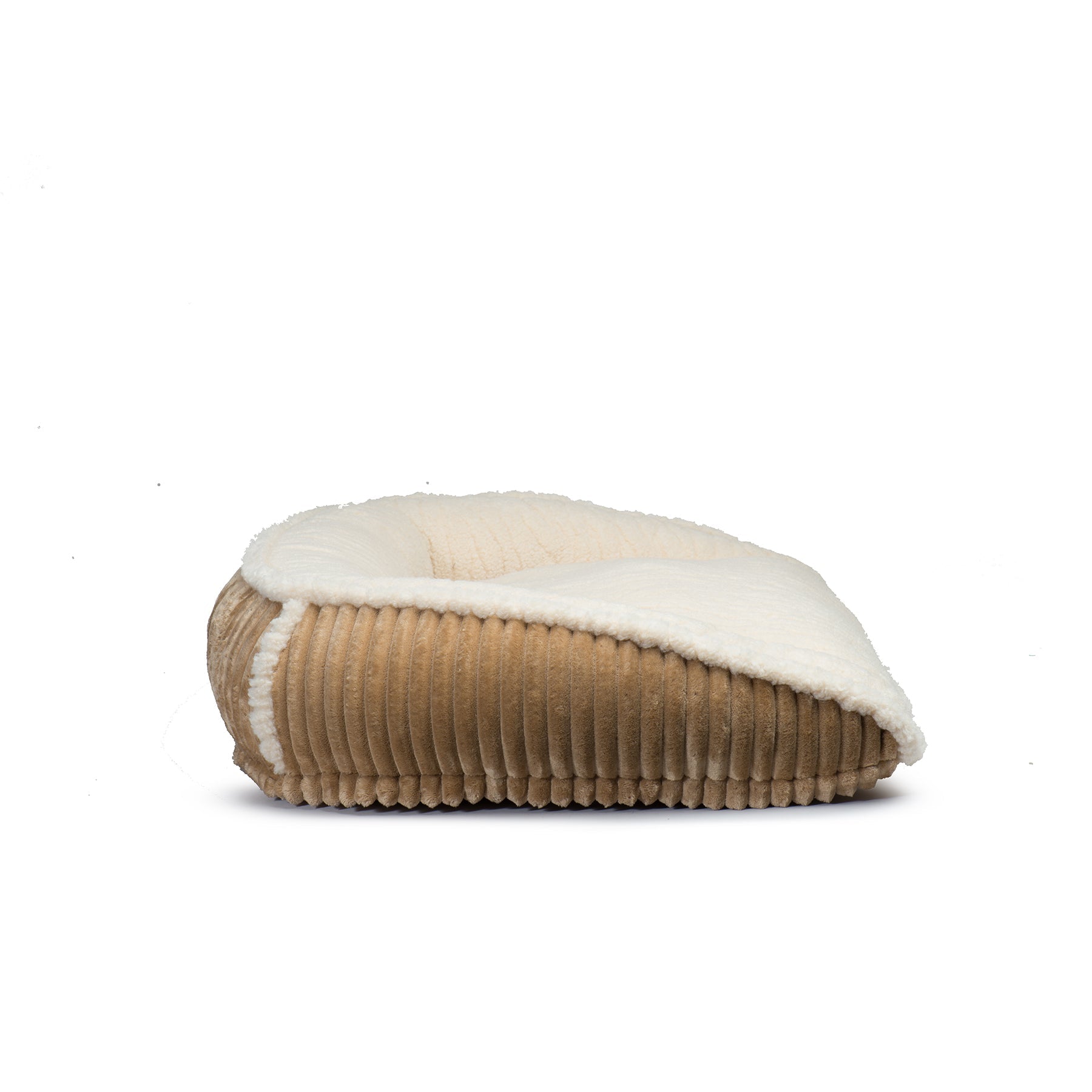Khaki bolster dog bed in side view with plush top cushion