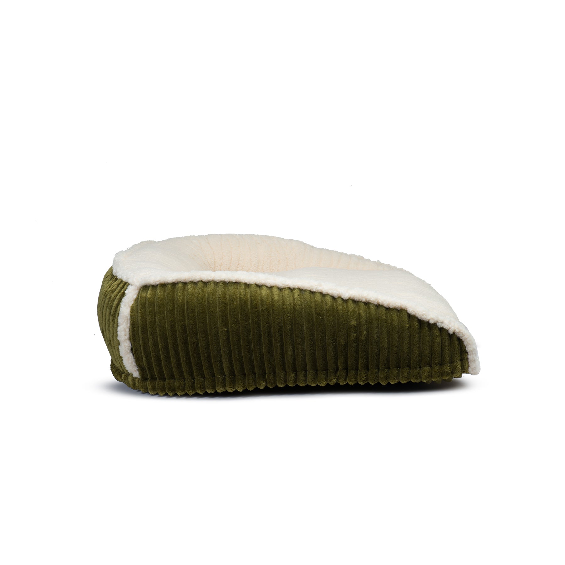 Olive green bolster dog bed with white plush rim and padded base
