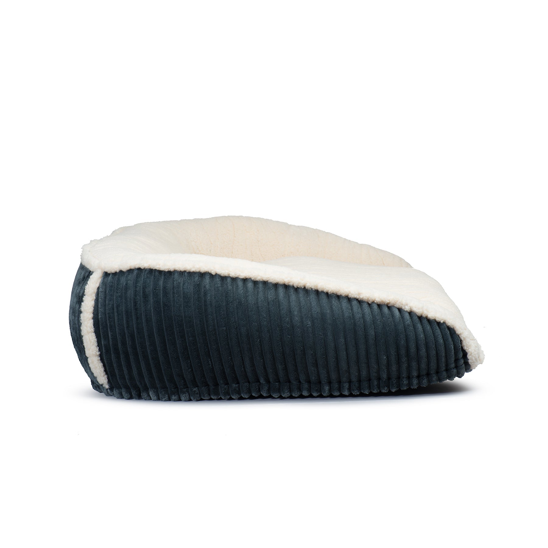 Steel blue bolster dog bed with white plush top edge