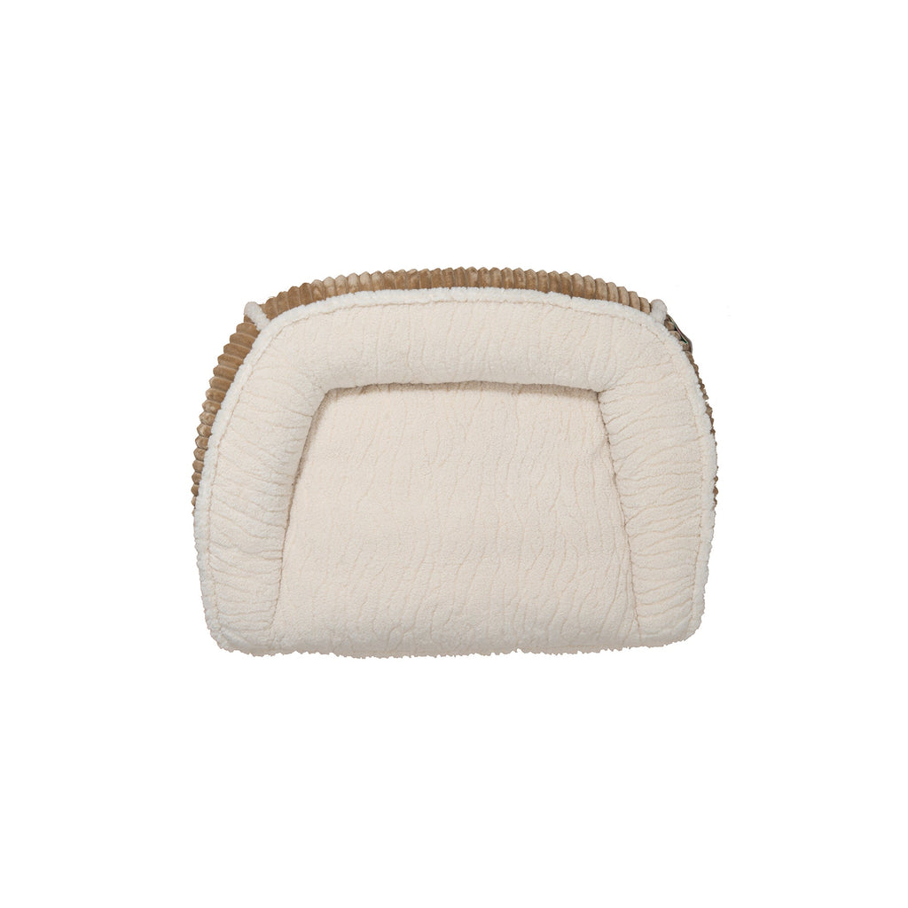 Khaki bolster dog bed with padded rectangular inner cushion