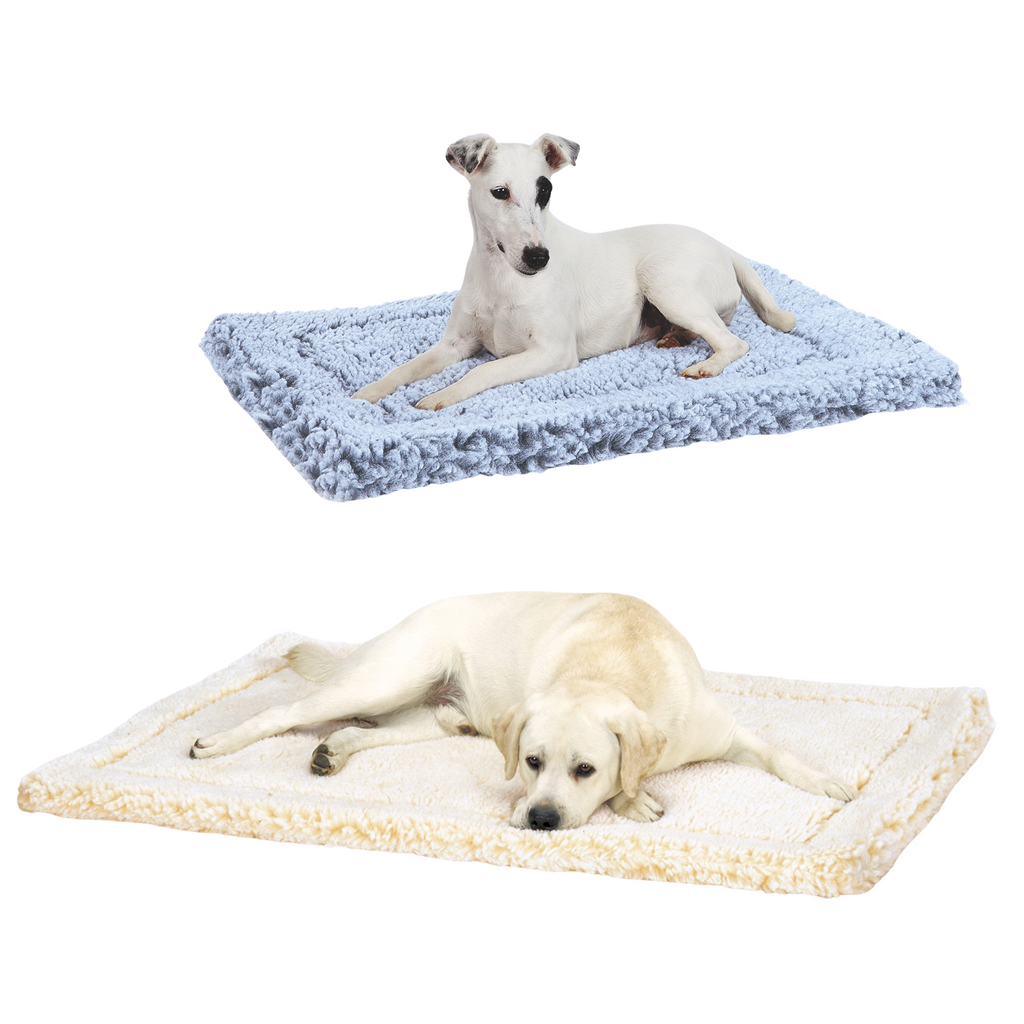 Blue-gray and natural fleece pet mat beds, with dog resting on one