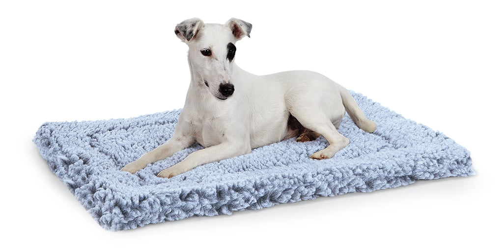Gray fleece pet mat bed with dog resting inside