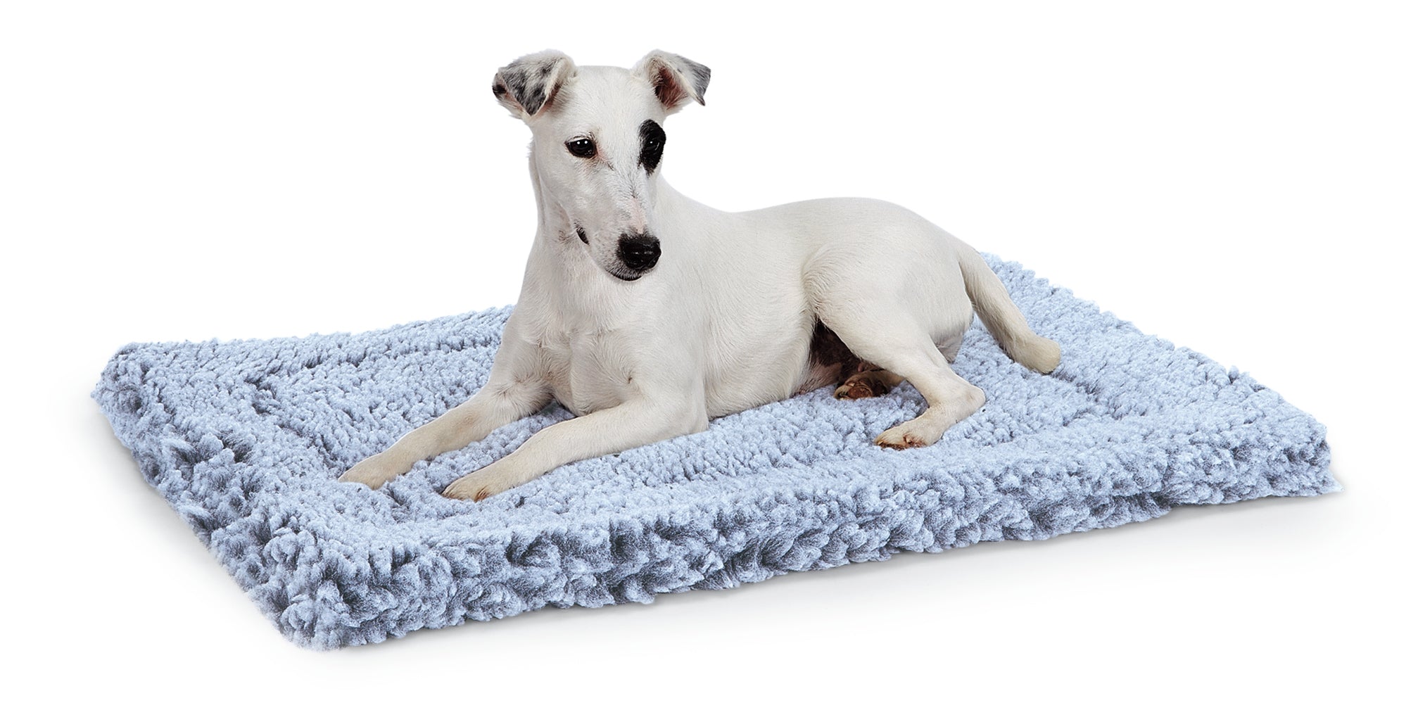 Gray fleece pet mat bed with dog resting inside