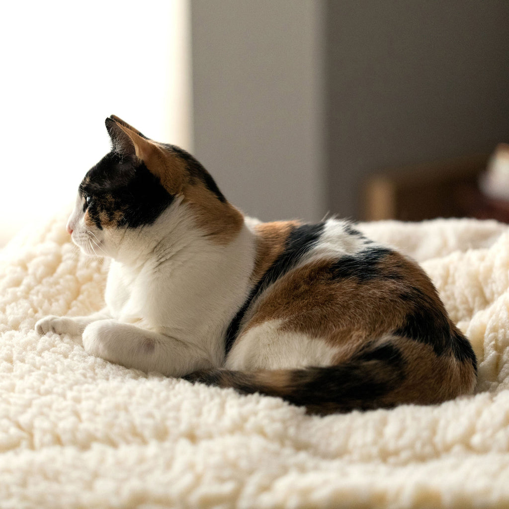Natural fleece pet mat bed with cat resting
