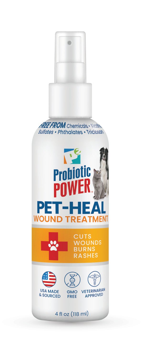 Pet-Heal probiotic wound treatment spray bottle with pump sprayer, white and orange label