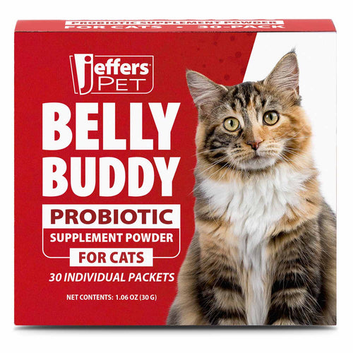 Cat probiotic supplement powder box with cat photo, 30 individual packets.