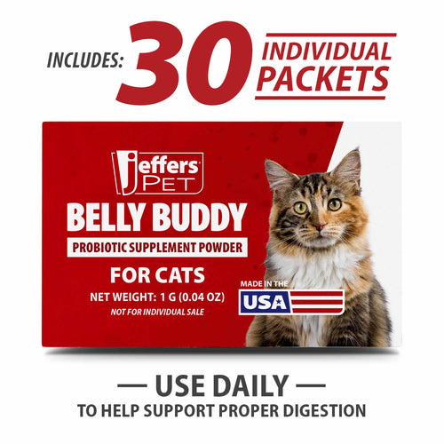 Cat probiotic supplement pouch box showing 30 individual packets and USA badge.