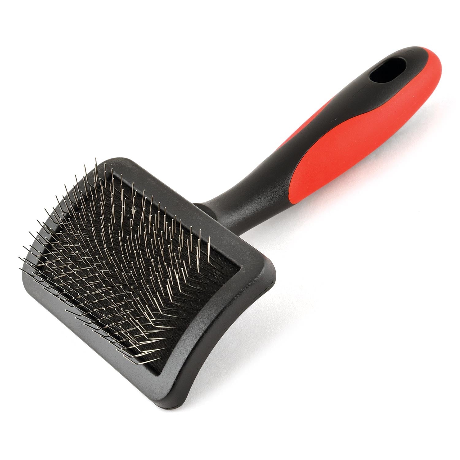 Firm-pin slicker grooming brush with rectangular pin head and red ergonomic handle.