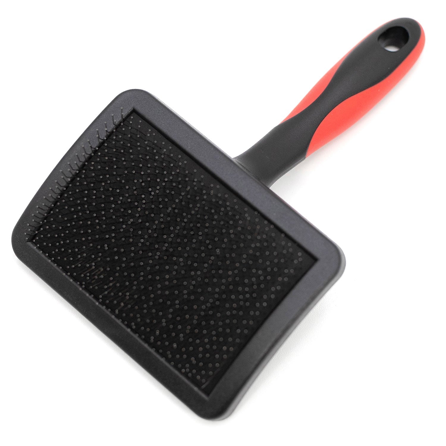 Firm-pin slicker grooming brush with flat pin pad and red-and-black handle.