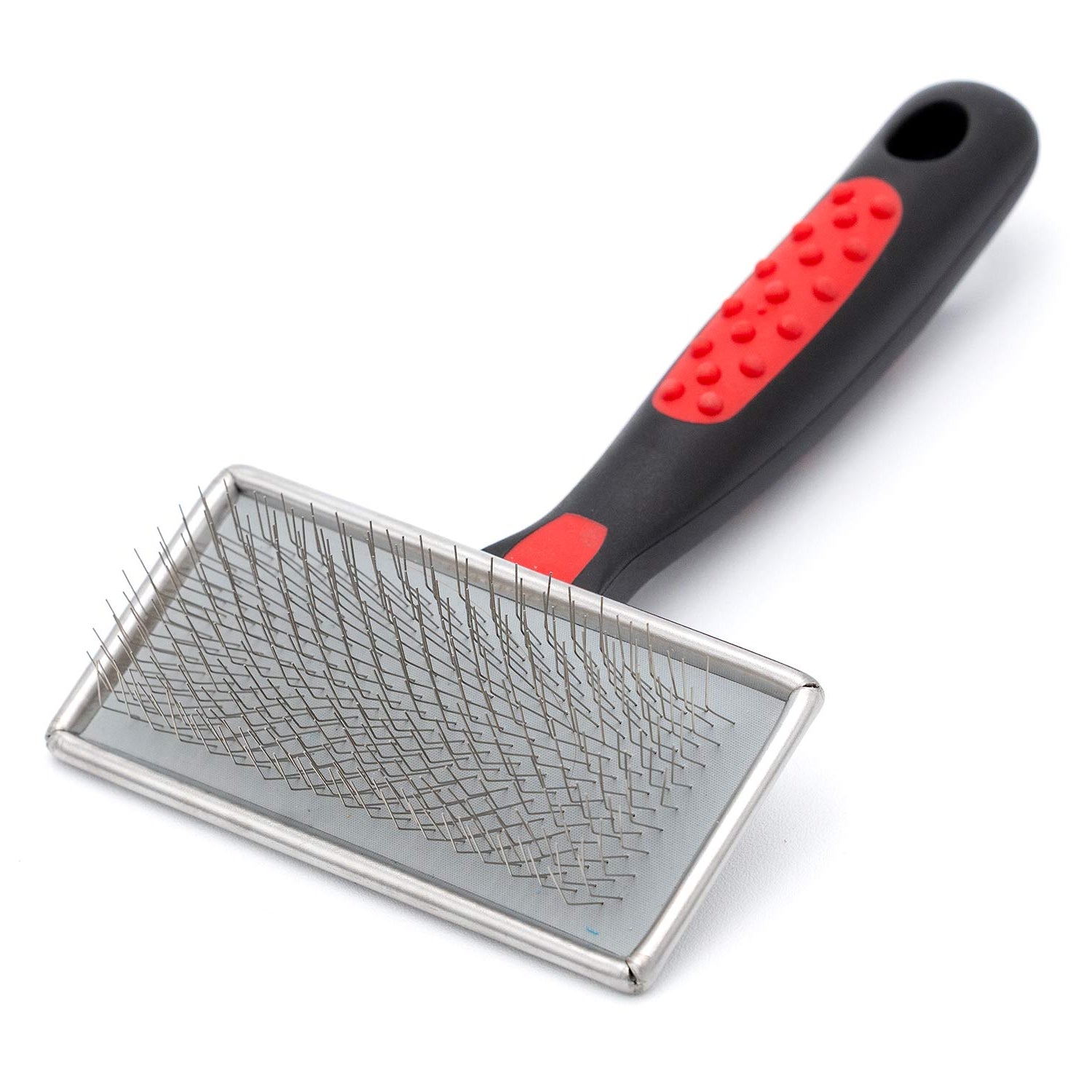 Non-slip slicker grooming brush with stainless pins and black-red handle