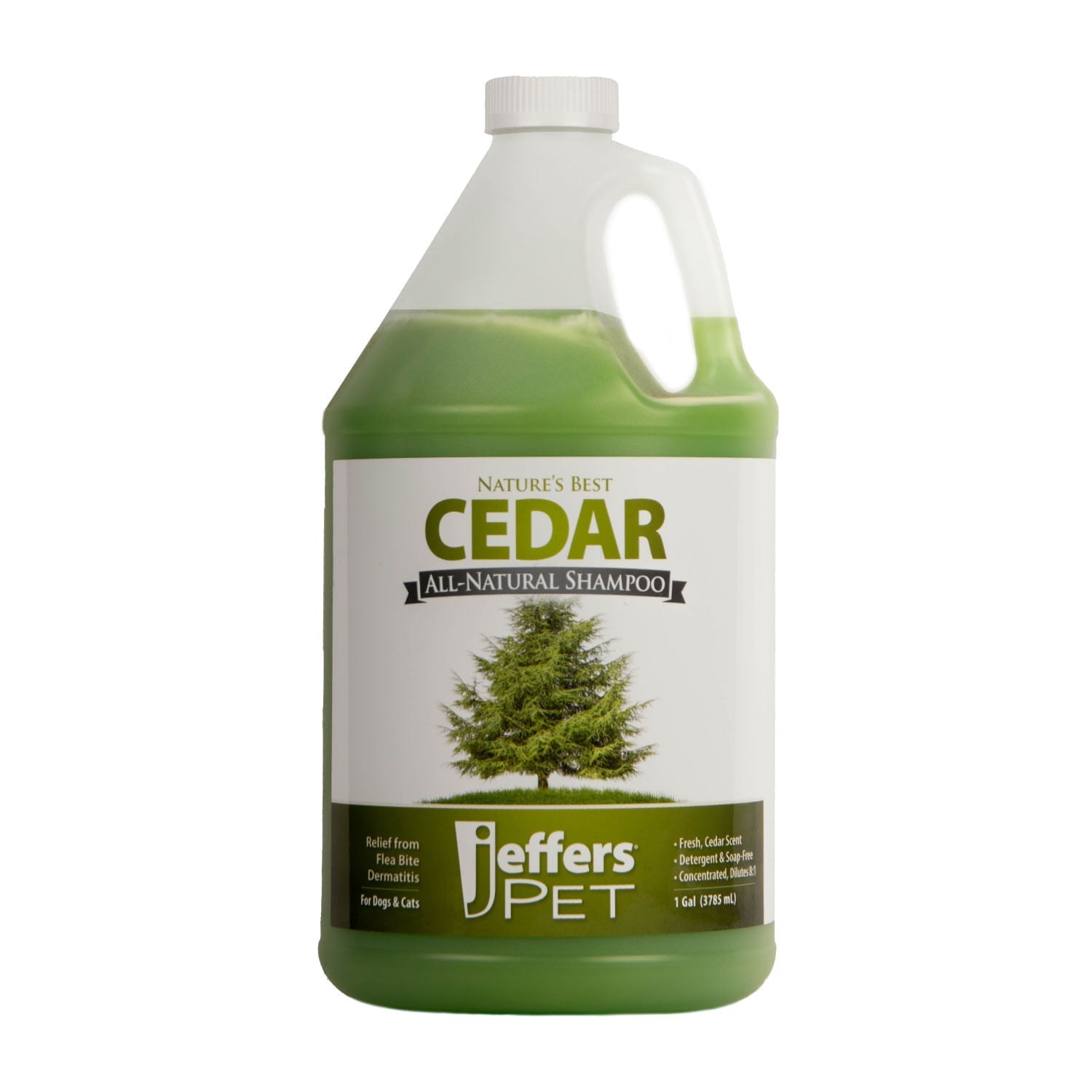 Green Cedar all-natural shampoo bottle with side handle and front label, Jiffers PET