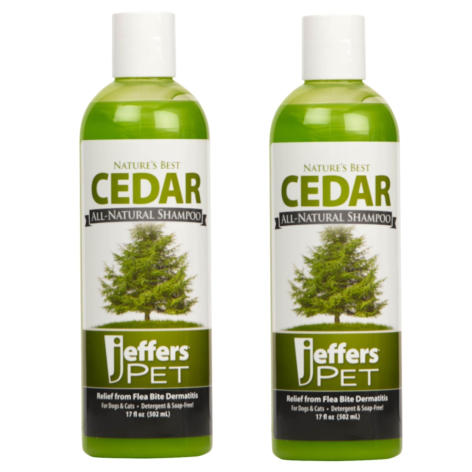 Pair of green Cedar all-natural shampoo bottles with front labels, Jiffers PET
