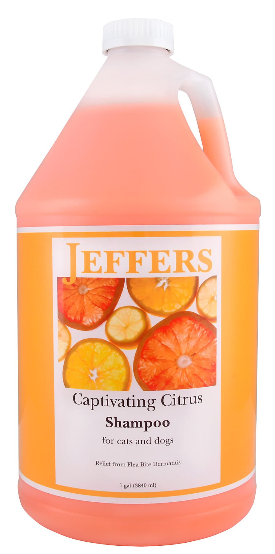 Orange all-natural citrus shampoo bottle for dogs and cats with white cap.