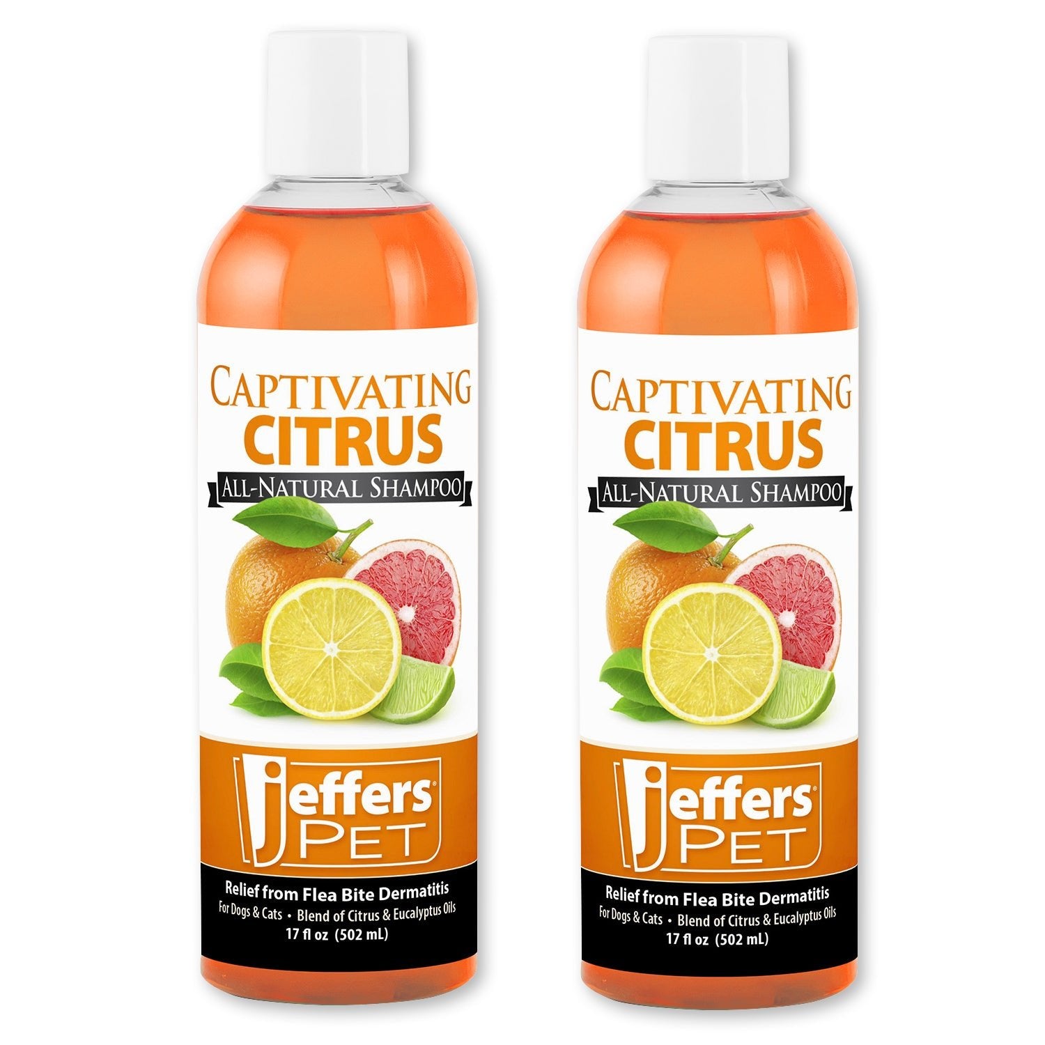 Two orange citrus shampoo bottles with Jeffer's PET labels and white caps.