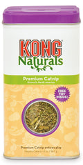 Catnip tin with purple lid and yellow label, featuring KONG Naturals branding
