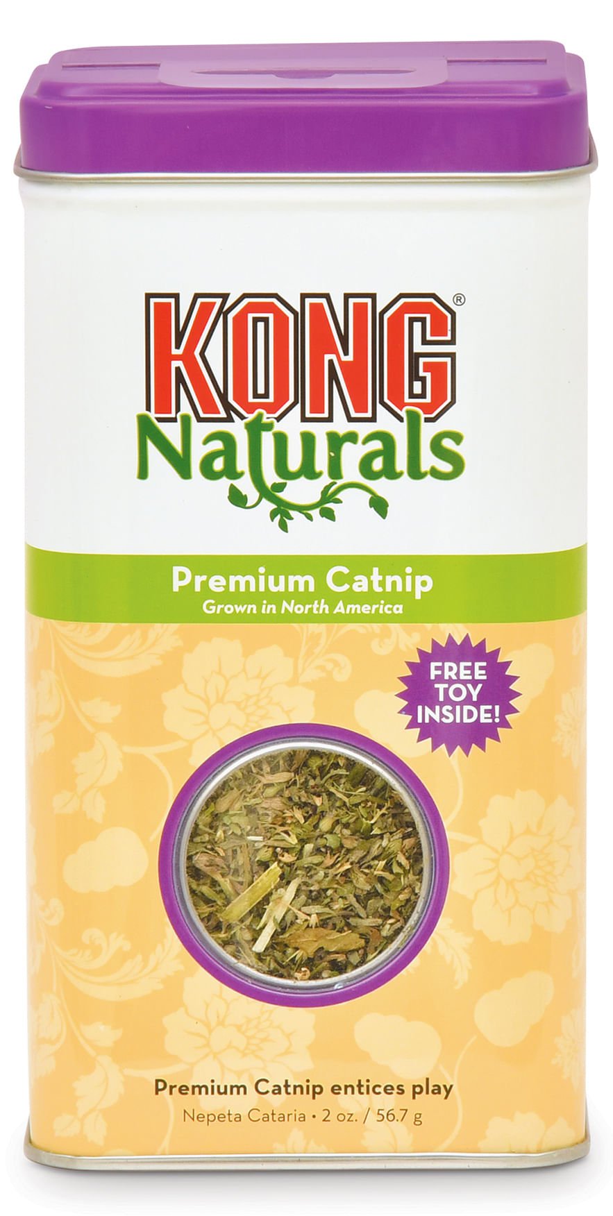Catnip tin with purple lid and yellow label, featuring KONG Naturals branding