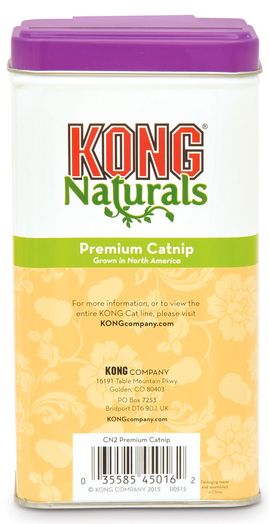 Catnip tin back label with KONG Naturals branding, barcode, and feeding info