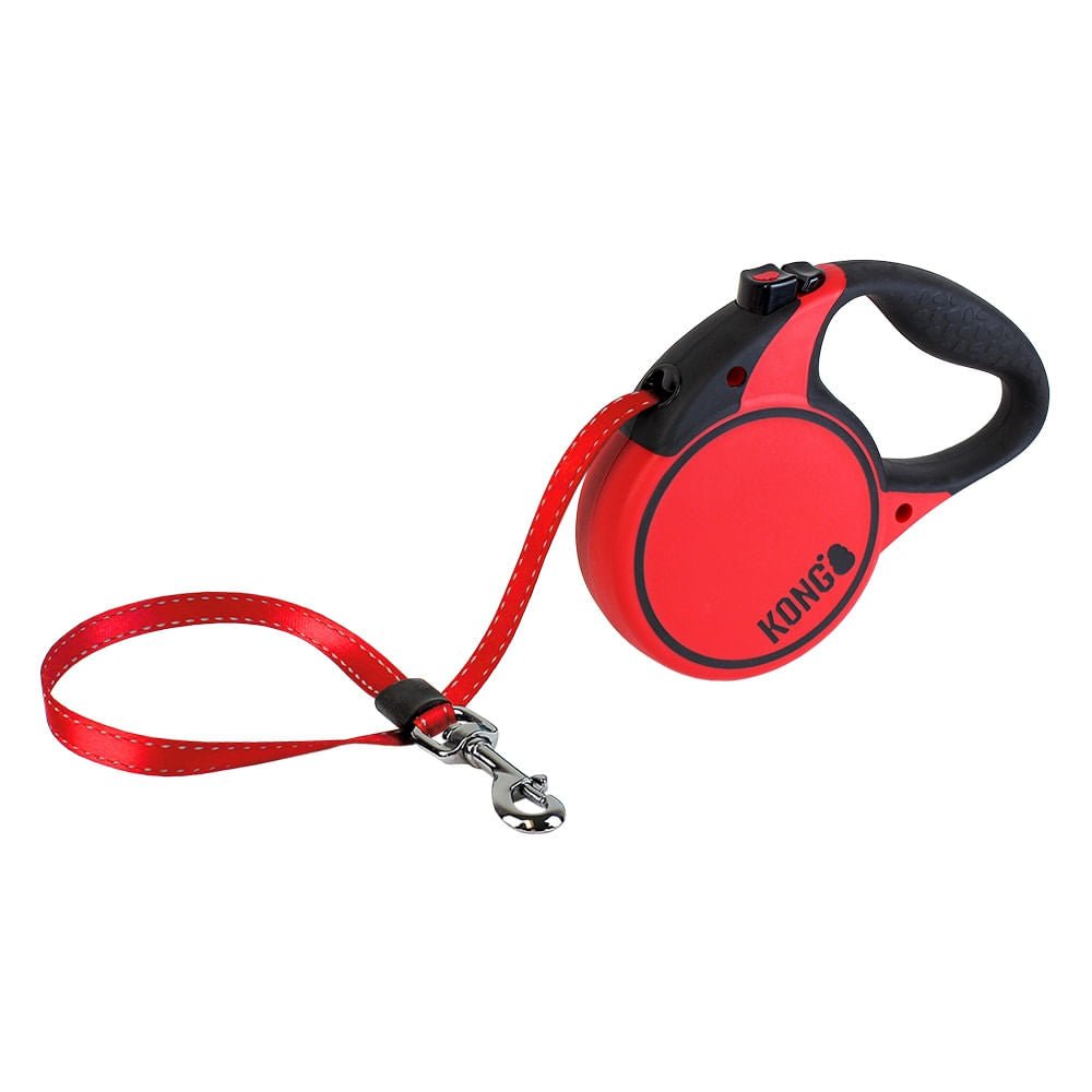 Red retractable dog leash with black handle, red ribbon strap, and metal snap clip