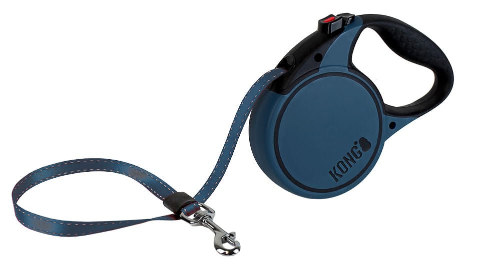 Blue retractable dog leash with black handle and blue strap, metal snap clip