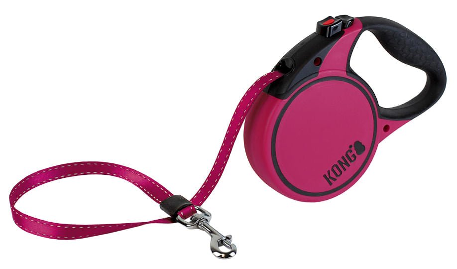 Retractable dog leash, fuchsia strap with black handle and chrome clip, KONG branding