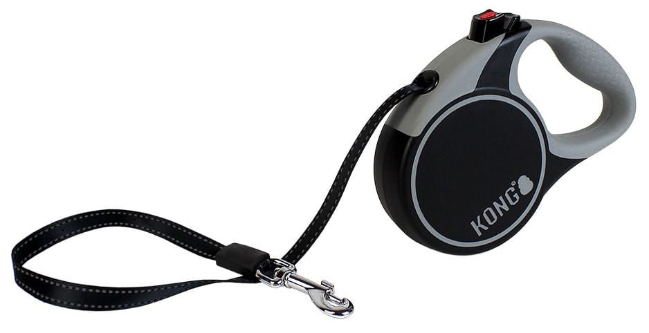 Retractable dog leash, black housing with gray top handle and black webbing strap, KONG