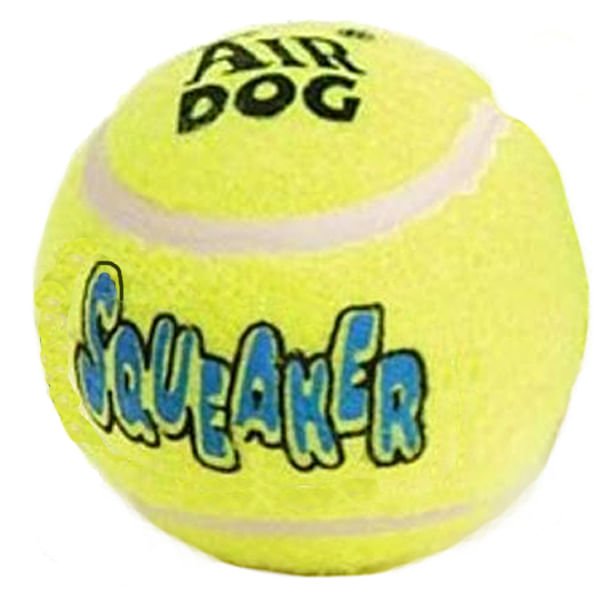 Lime green SqueakAir squeaker tennis ball with blue-and-black logo