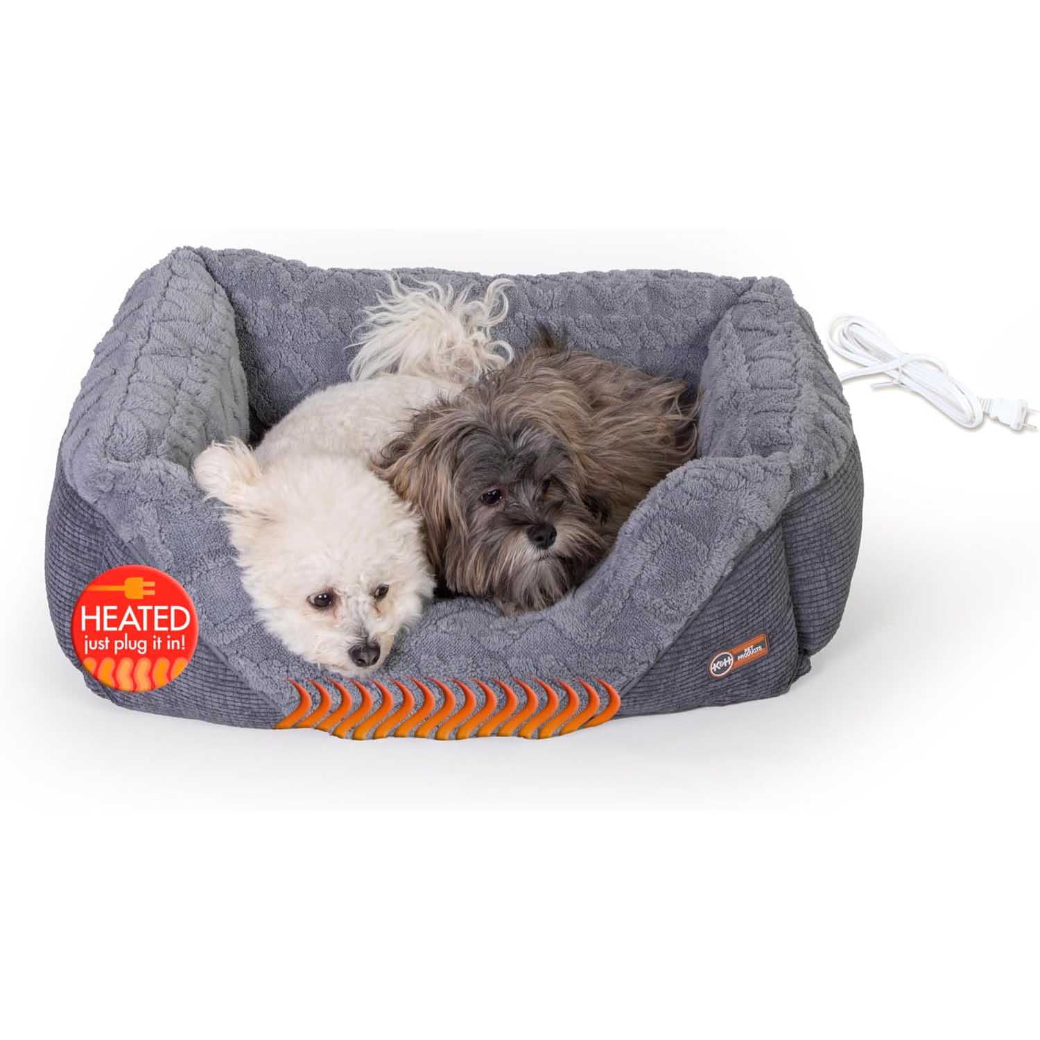 Grey heated pet lounge bed with orange heat vent strip and two pets resting