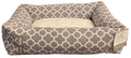 Memory foam dog bed with geometric quatrefoil pattern, raised bolsters, light beige