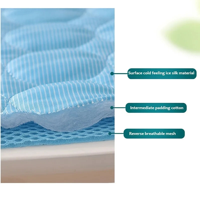 Blue cooling dog mat close-up of layered fabric with breathable mesh backing