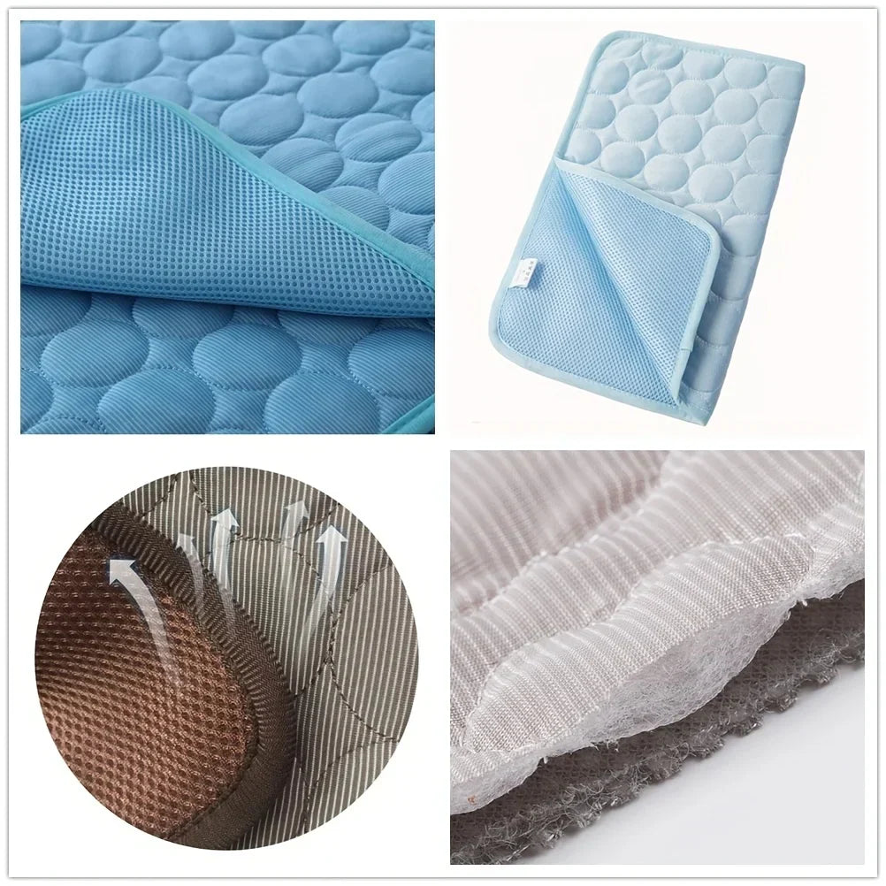 Light blue and dark brown cooling dog mats with textured surface and stitched border