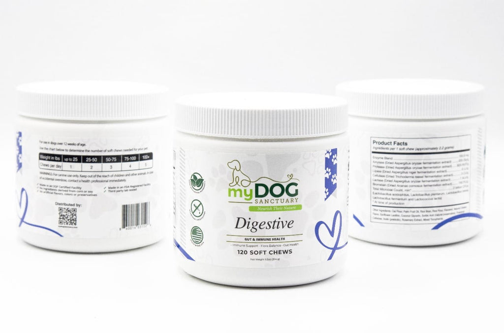 Digestive support supplement jar shown from front and side with label details