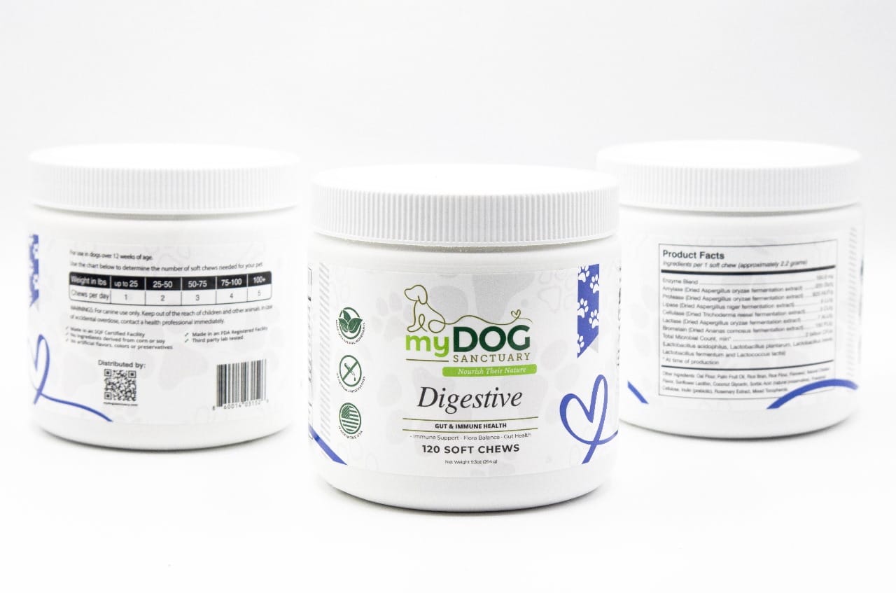 Digestive support supplement jar shown from front and side with label details