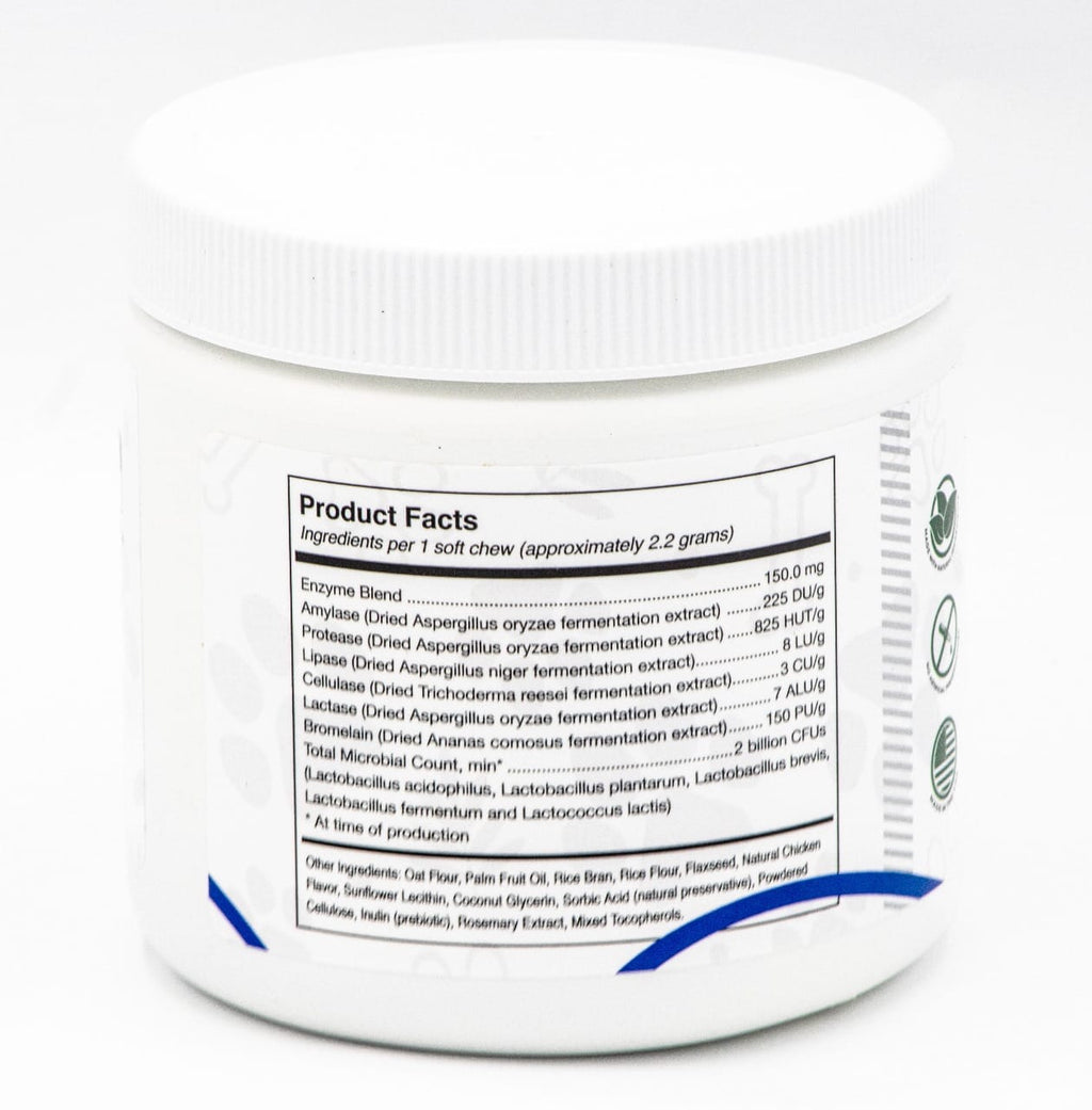 Digestive support supplement jar with product facts label on the back