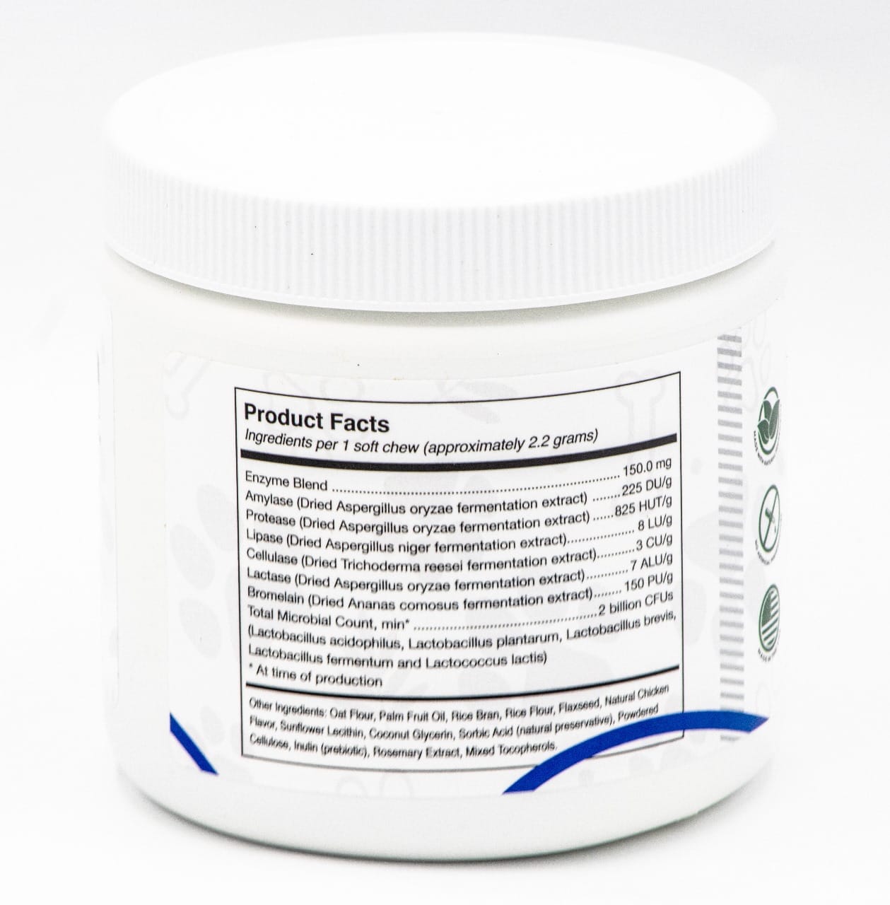 Digestive support supplement jar with product facts label on the back