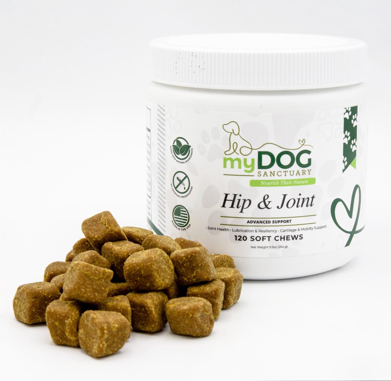 Hip & joint chews supplement bottle with soft chews in a small pile