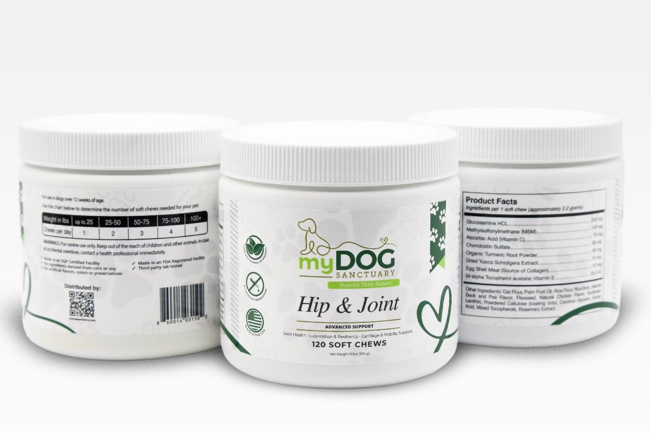 Hip & joint supplement jar shown from multiple angles with front label
