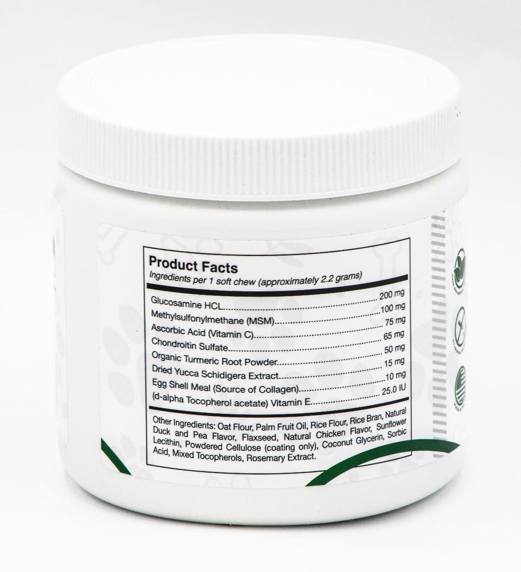 Hip & joint supplement bottle back label with product facts panel