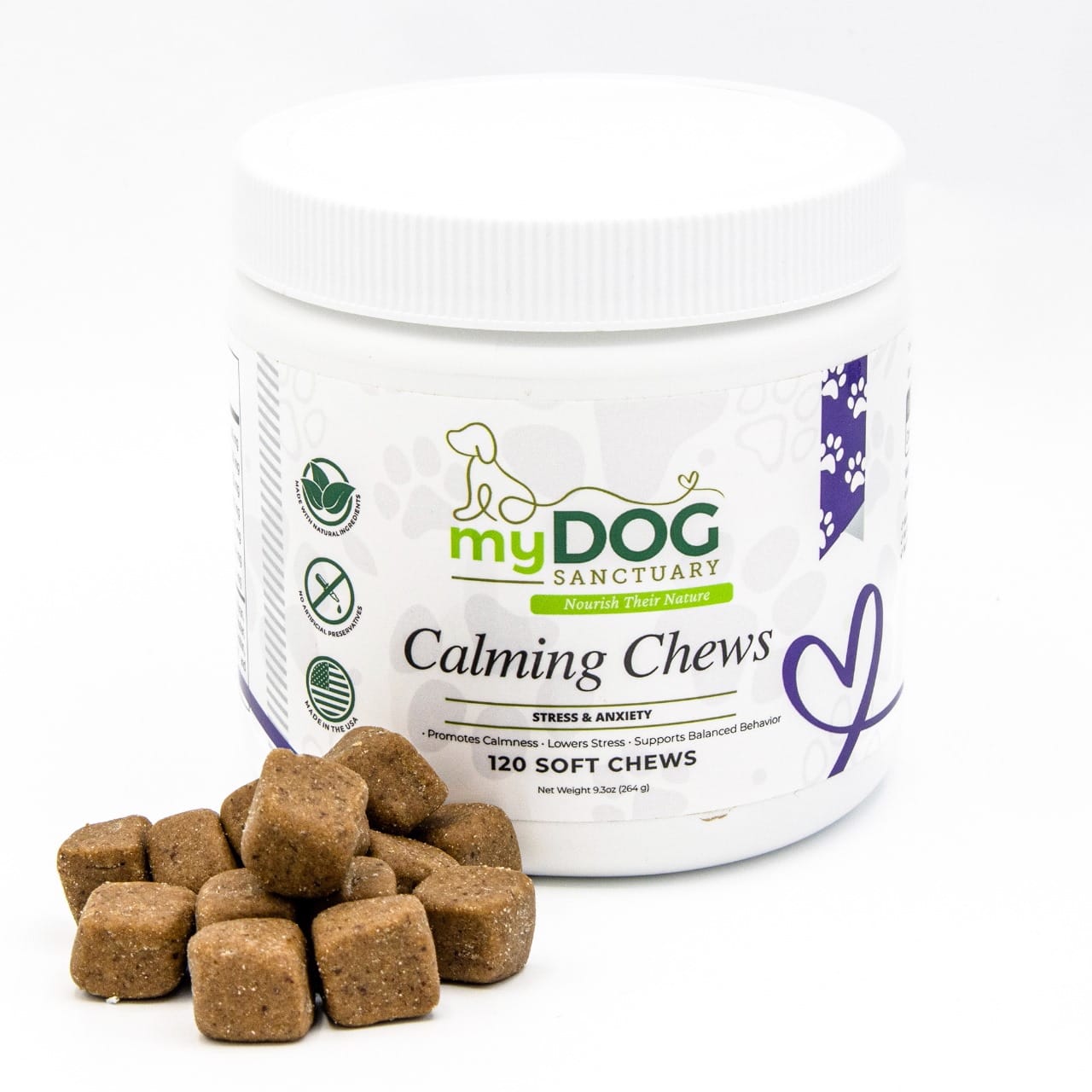 Calming chews jar with “Calming Chews” label and brown soft chews pieces
