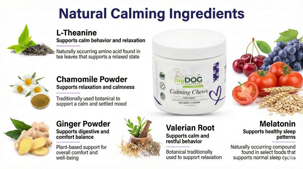 Calming ingredient infographic with mgDOG Sanctuary calming chews container