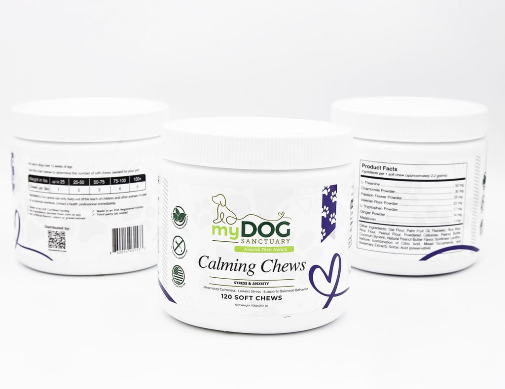 mgDOG Sanctuary Calming Chews jar in front with two white supplement jars behind