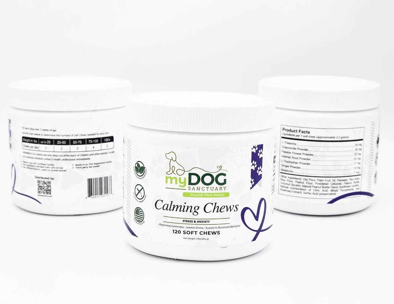 mgDOG Sanctuary Calming Chews jar in front with two white supplement jars behind