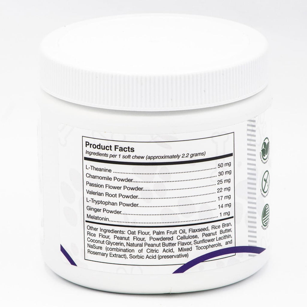 Calming chews jar back with Product Facts ingredient panel